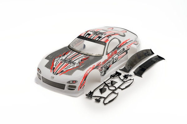 RC CAR KAROSSERIE 1:10 &quot;MAZDA RX-7&quot; DRIFT IN WEISS ROT CARBON MIT SPOILER# HX031