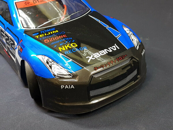 RC CAR KAROSSERIE 1:10 "NISSAN GTR R35" DRIFT IN BLAU SCHWARZ # JLR46