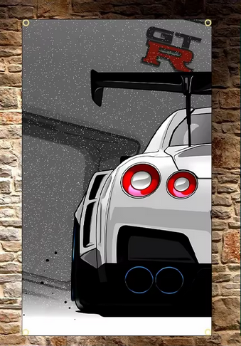 STOFF BANNER FLAGGE POSTER JDM "NISSAN GT-R" 60x90CM DEKORATION HOBBYRAUM GARAGE