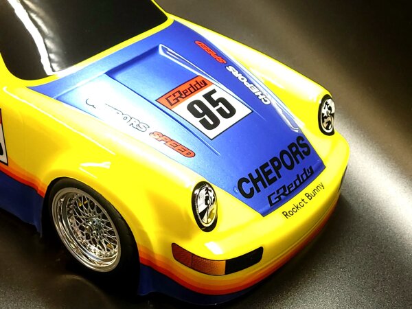 RC CAR KAROSSERIE 1:10 "PORSCHE 964 CARRERA RS" IN BLAU-GELB