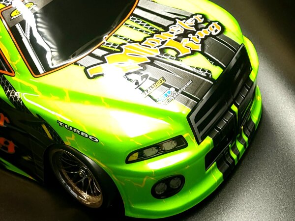 ***B-WARE*** RC CAR KAROSSERIE 1:10 "MONSTER KING" IN SCHWARZ-GELB-GRÜN