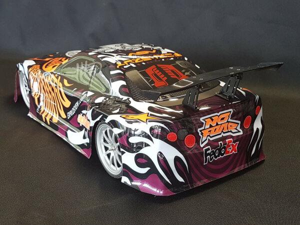 RC CAR KAROSSERIE 1:10 "NISSAN SKYLINE R34 GTR SHARKY" ORANGE WEISS # JLR37 B-Ware mit Mängeln